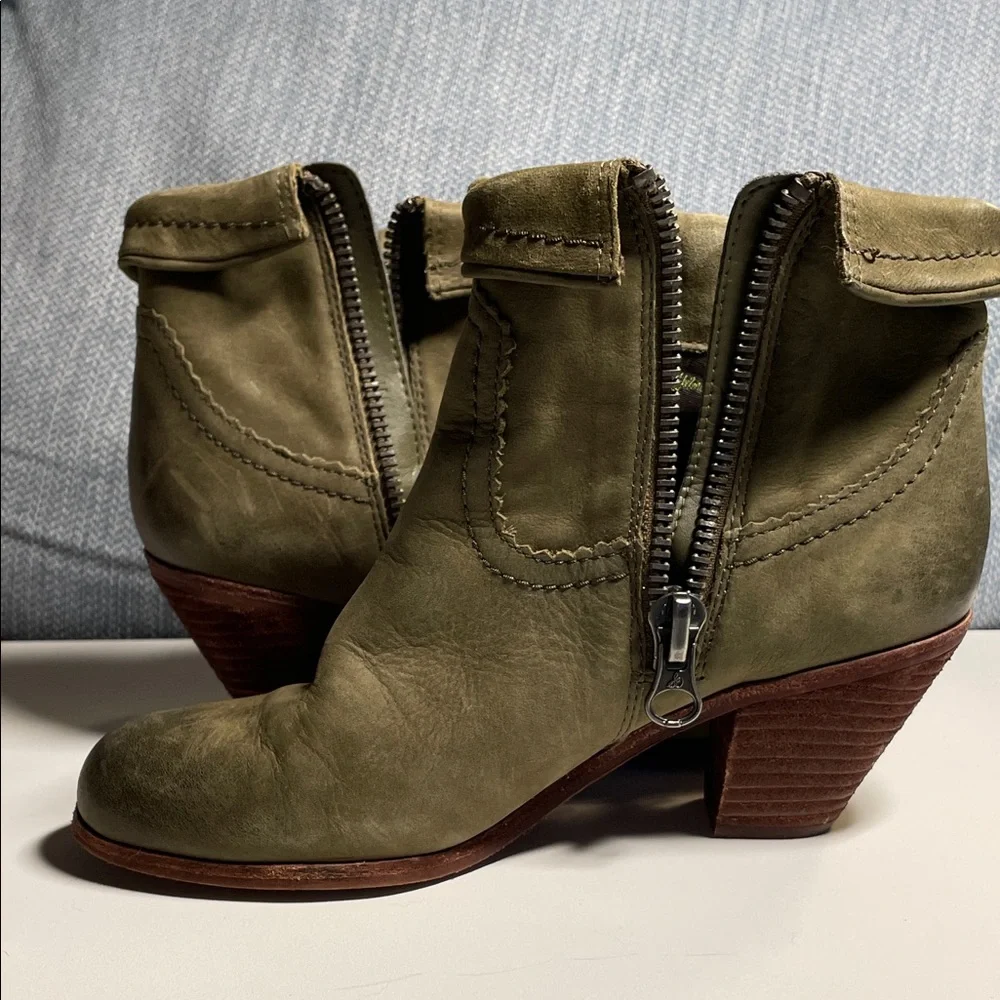 Sam Edelman Olive Green Ankle Boots leather heeled with Fringe size 6.5